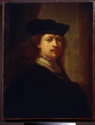 ""Retrato del pintor Harmenszoon van Rijn Said Rembrandt (1606-1669)"" Pintura del séquito de Rembrandt. Museo Pushkin del siglo XVII, Moscú