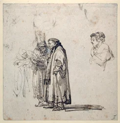 Un grupo de eruditos ancianos y, por separado, el perfil de un hombre joven