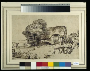 Una cabaña con techo de paja junto a un gran árbol, una figura sentada afuera, c.1648-52