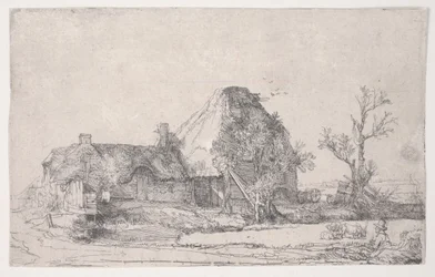 Cabaña y edificios de granja con un hombre dibujando, c.1645