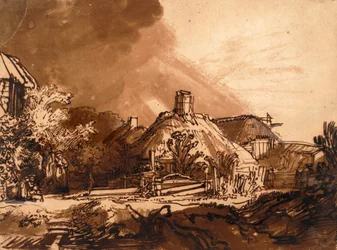 Cabañas antes de un cielo tormentoso
