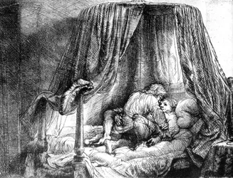 Pareja haciendo el amor en la cama, grabado por Rembrandt van Rijn (1606-1669) 1646