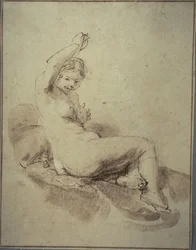 Desnudo femenino recostado con el brazo levantado, c.1665 (pluma y tinta marrón y pincel y aguada marrón, sobre papel verjurado canela)
