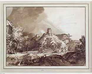 Casas bajo un cielo tormentoso. Dibujo a pluma y tinta (dibujo)
