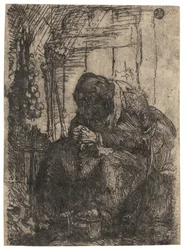 Anciana sentada en una cabaña con una ristra de cebollas en la pared, c. 1629 (aguafuerte)