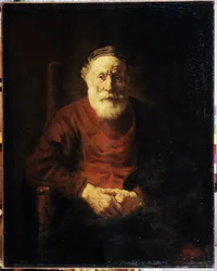 Retrato de un anciano en rojo. Pintura de Harmenszoon van Rijn conocida como Rembrandt (1606-1669)