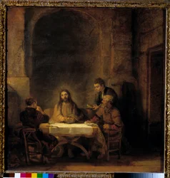 Los peregrinos de Emaús. Cristo aparece a los peregrinos sentados a una mesa en una posada de Emaús. Pintura de Harmensz van Rijn, llamado Rembrandt (1606-1669), 1648. 0,68 x 0,65 m - Peregrinos de Emaús, también llamado La cena de Emaús. Cristo