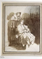 Mujer joven en su aseo. Dibujo a pluma y tinta (dibujo)