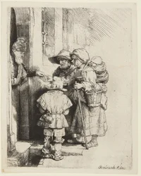 Un tocador ciego de zanfona y su familia recibiendo limosna