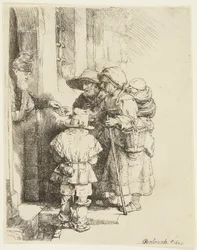 Un tocador ciego de zanfona y su familia recibiendo limosna