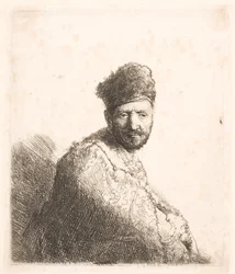 Hombre barbudo (¿el padre de Rembrandt) con gorro oriental forrado de piel y túnica: retrato de medio cuerpo