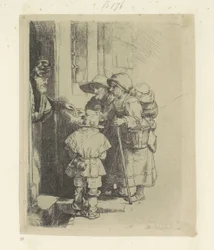 Familia mendiga recibe limosna en la puerta de una casa Recueil de quatre-vingt-cinq estampes originales (título de la serie)