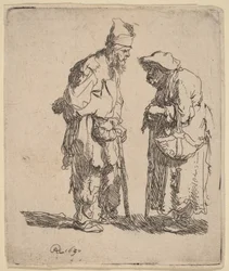 Un mendigo y una mendiga conversando