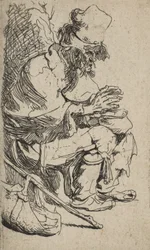 Mendigo sentado calentando sus manos en un brasero, ca. 1630