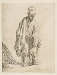 Mendigo con un gorro alto, de pie y apoyado en un bastón, ca. 1629