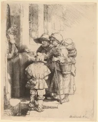 Mendigos recibiendo limosnas en la puerta de una casa