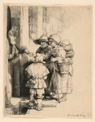 Mendigos recibiendo limosnas en la puerta de una casa