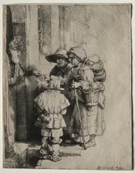 Mendigos recibiendo limosnas en la puerta de una casa, 1648