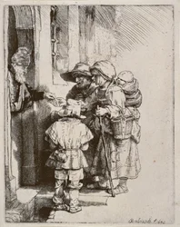 Mendigos recibiendo limosnas en la puerta de una casa, 1648