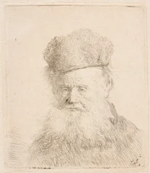 Busto de un anciano con gorro de piel y barba larga: casi de frente: mirada directa