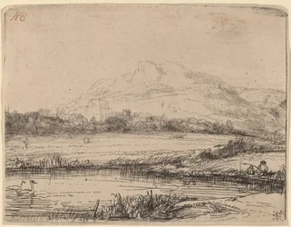 Canal con un Pescador y Dos Cisnes