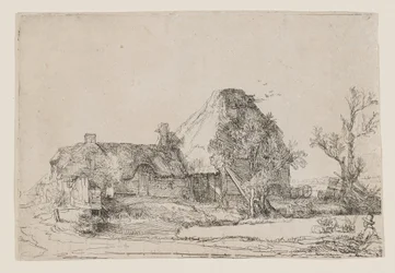 Cabaña y edificios de granja con un hombre dibujando