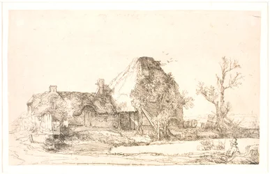 Cabaña y edificios de granja con un hombre dibujando