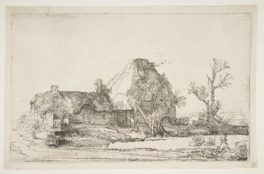Cabañas y edificios de granja con un hombre dibujando, ca. 1645