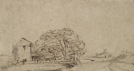 Edificio de granja junto a un camino con granja distante, 1650-69