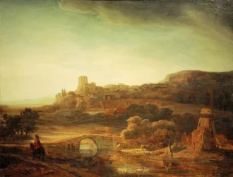 Paisaje fluvial con molino de viento