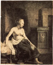 Mujer semidesnuda junto a una estufa