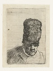 Cabeza de un anciano con un gorro alto de piel