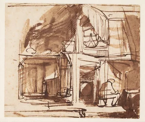Interior con una escalera de caracol y un hombre sentado