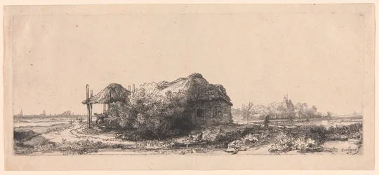 Paisaje con cabañas y un granero de heno: Oblongo