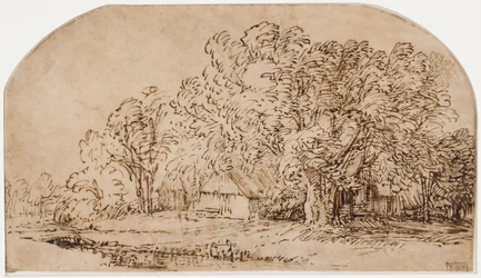 Paisaje con cabañas bajo árboles altos ("La ráfaga de viento")