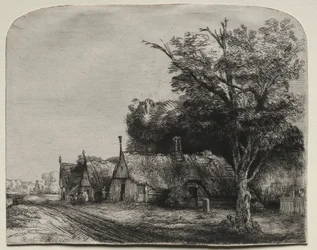 Paisaje con tres cabañas con hastiales junto a un camino