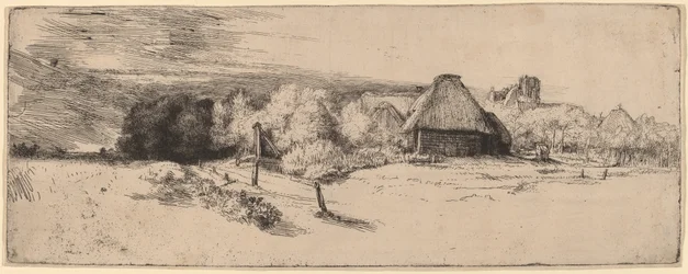 Paisaje con árboles, edificios de granja y una torre