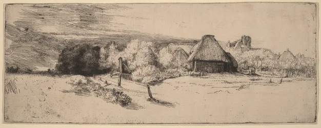 Paisaje con árboles, edificios agrícolas y una torre