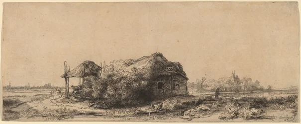 Paisaje con una cabaña y granero de heno: Oblongo
