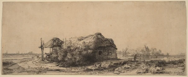 Paisaje con una casita y un granero de heno: rectangular