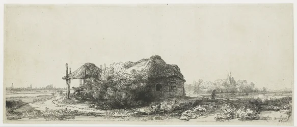 Paisaje con una casa de campo y un granero de heno
Paisaje con casas de campo y un henil: oblongo