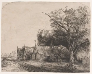 Paisaje con tres casas con hastiales junto a un camino