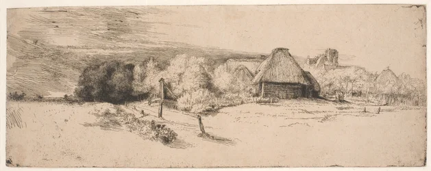 Paisaje con árboles, edificios agrícolas y una torre