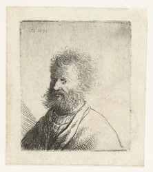 Hombre con barba cuadrada y pelo rizado: busto