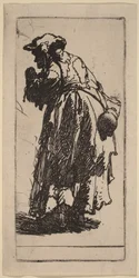 Anciana mendiga con una calabaza