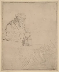 Anciano meditando, apoyado en un libro