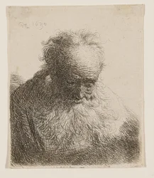 Anciano con barba fluida (cabeza inclinada hacia delante, hombro izquierdo sin sombrear)