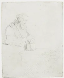 Un anciano meditando, apoyado en un libro
