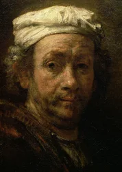 Retrato del artista en su caballete, detalle de la cara, 1660 (detalle)