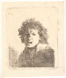 Rembrandt sin sombrero y con la boca abierta, como si gritara: busto